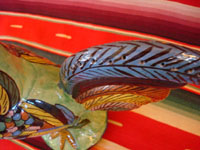Mexican vintage pottery and ceramics, and Mexican vintage folk art, a pottery rooster from Tlaquepaque, c. 1940. Wonderfully glazed and very beautifully painted; this is an incredible piece of vintage Mexican fine/folk art!  A closeup photo of the rooster's tail.