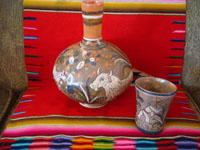 Mexican vintage pottery and ceramics, a wonderful pottery water jar and cup with scenes of great bulls and Mexican paisanos laboring in their fields, with a background glaze in muted colors to highlight the main scenes, Tonala or Tlaquepaque, Jalisco, c. 1940's.  Main photo of the water jar and cup.