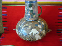 Mexican vintage pottery and ceramics, a wonderful pottery water jar and cup with scenes of great bulls and Mexican paisanos laboring in their fields, with a background glaze in muted colors to highlight the main scenes, Tonala or Tlaquepaque, Jalisco, c. 1940's.  Another side of the jar, showing the Mexican paisano working in his fields.