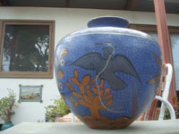 Mexican vintage pottery and ceramics, a stunning blue pottery urn with fabulous artwork and wonderfully burnished, Tonala, Jalisco, c. 1930. Another side view.