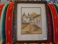 Mexican vintage straw-art, popote art or popotillo, picture of a man riding his burro through a village, c. 1950.