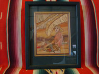 Mexican vintage straw-art, popote art or popotillo, picture depicting man with large bowl of fruit.