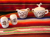 Native American vintage pottery, Acoma condiment set with creamer and sugar, and salt and pepper shakers, c. 1950.