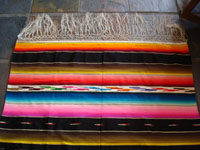 Closeup of edge and fringes of Saltillo sarape in Mexican flag colors