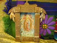 Mexican vintage tinwork, tin nicho with oil painting of Our Lady of Guadalupe, 1930's.