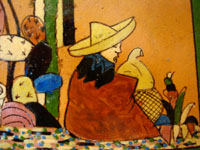 Closeup of tile with Mexican ranch scene.