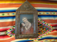 Mexican antique devotional art, tin retable showing soul in purgatory in an antique tinware niche, c. mid-19th century.