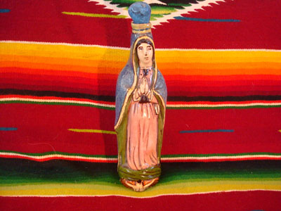Mexican vintage pottery and ceramics, and Mexican vintage folk art, a holy water bottle depicting Our Lady of Guadalupe, Tlaquepaque, c. 1930-40.