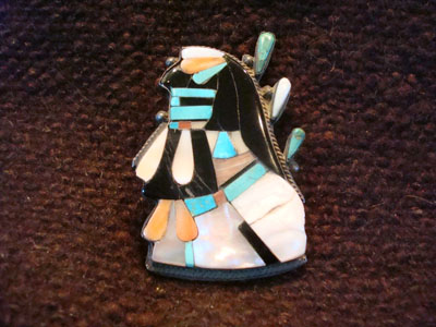 Native American Indian vintage jewelry, a Zuni silver broach with inlay, c. 1940.