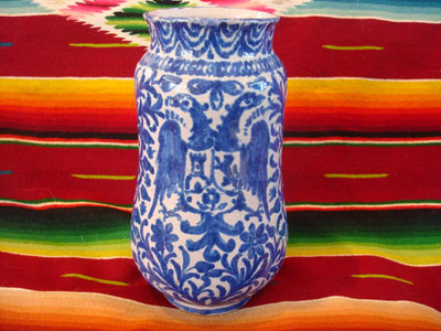 Mexican vintage pottery and ceramics, a Talavera vase from Puebla, c. 1940.