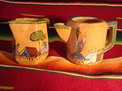 Mexican vintage pottery and ceramics, a teapot and creamer set from Tlaquepaque, c. 1930-40.