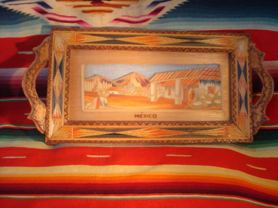 Mexican vintage straw-art (popote art or popotillo) tray, c. 1940's.