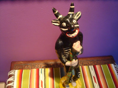 Mexican vintage folk art, a beautiful pottery sculpture featuring a "snake dazzler", Ocumicho, Michoacan, c. 1950's.