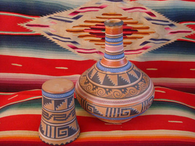 Mexican vintage pottery and ceramics, a flatware (opaco) water jar and cup from Tonala, Jalisco, c. 1930-40's.
