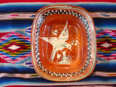 Mexican vintage pottery and ceramics, a lovely bandera-ware rectangular dish with a graceful eagle, Tonala or Tlaquepaque, Jalisco, c. 1930's.