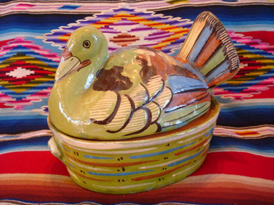 Mexican vintage pottery and ceramics and Mexican vintage folk-art, a lidded casserole in the form of a lovely green nesting turkey, Tlaquepaque, c. 1940's.