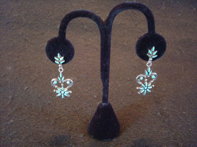 Native American Indian vintage silver jewelry, a pair of Zuni dangling earrings with lovely petite-point turquoise, Zuni, New Mexico, c. 1930's.