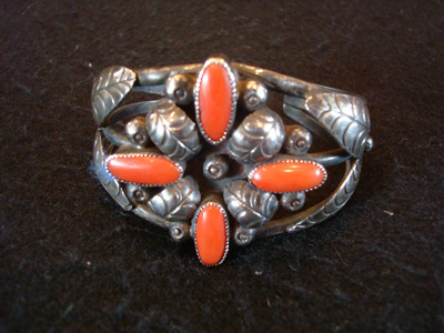 Mexican and Taxco vintage sterling silver jewelry, a wonderful silver bracelet with lovely corral stones, Taxco c. 1940's.