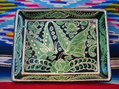 Mexican vintage pottery and ceramics, a fantasia rectangular baking dish with wonderful butterflies, Tonala or Tlaquepaque, Jalisco, c. 1930's.
