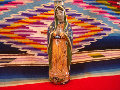 Mexican vintage pottery and ceramics, a beautiful pottery holy-water bottle in the image of Our Lady of Guadalupe, Tlaquepaque c. 1940.