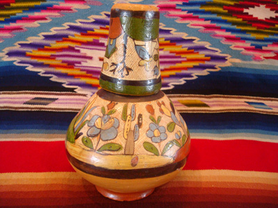 Mexican vintage pottery and ceramics, a wonderful petatillo water-jar and cup with beautiful artwork, Tonala or Talquepaque, Jalisco c. 1930's. The piece is attributed to the great Balbino Lucano, although it is not signed.