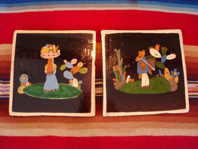 Mexican vintage pottery and ceramics, a pair of lovely black-ware tiles from Tlaquepaque, Jalisco, c. 1920-30. 