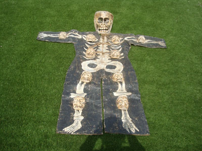 A wpmderful Guerrero dance costume of the celebration of the Day of the Dead, the morality play of life and death, Guerrero, c. 1950.