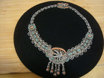 Mexican vintage sterling silver jewelry, and Taxco vintage sterling silver jewelry, a stunning Matl sterling silver necklace, signed Matl, Taxco, c. 1940.
