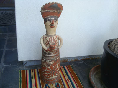 Mexican vintage folk art, a pottery statue of a wonderful shaman, Buerrero, c. 1960.